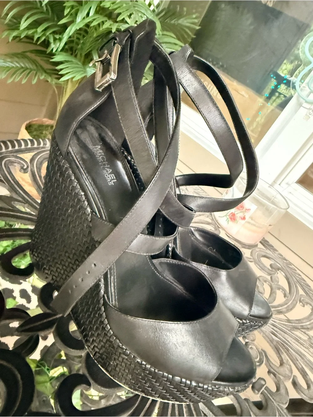MICHAEL Michael Kors Black Leather Wedge Sandals with Braided Platform